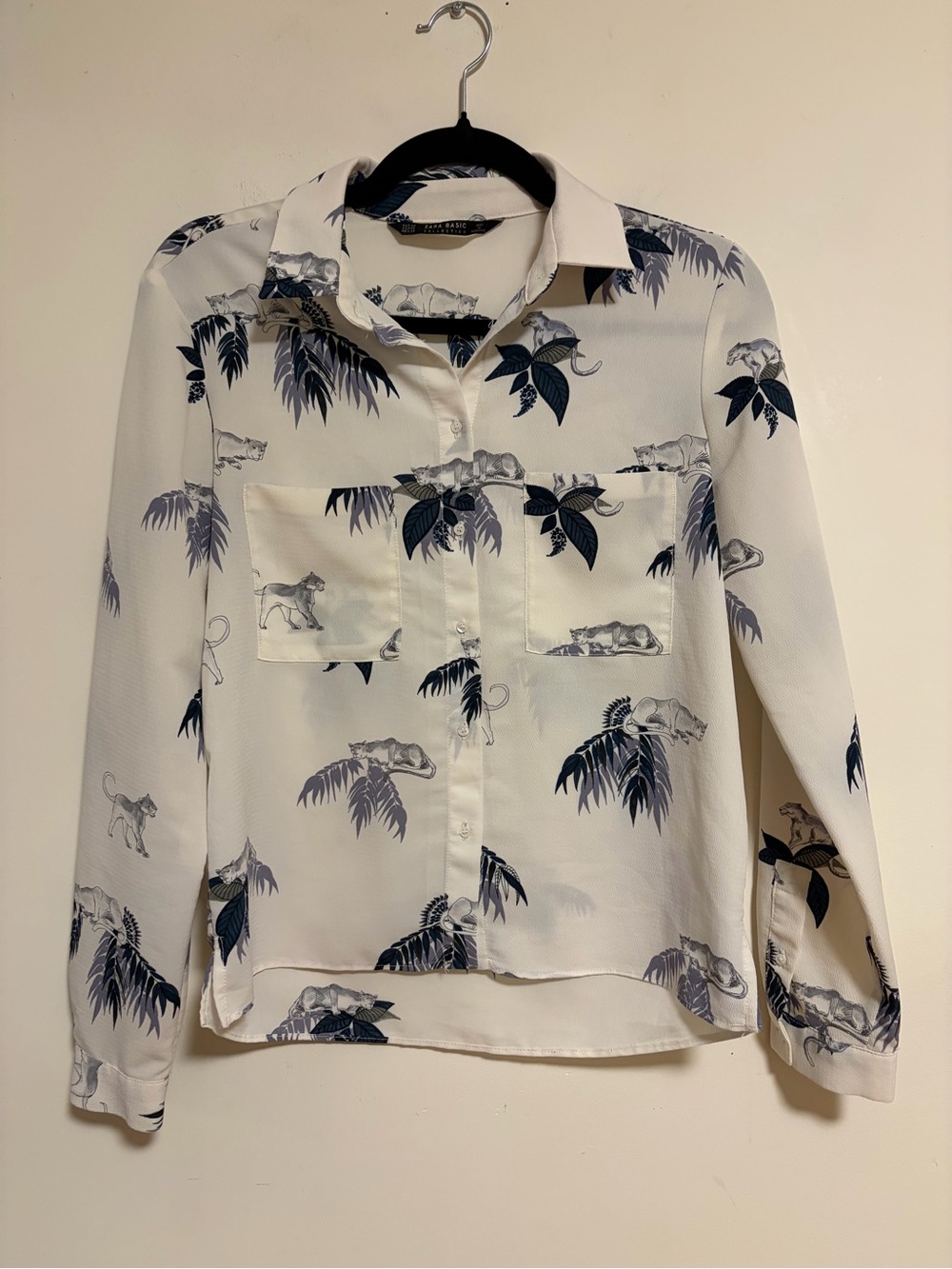 Zara Tropical Wild Cat Safari Print Button Down Blouse XS